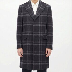 Paul Smith navy wool coat featuring with grey plaid pattern, peak lapel